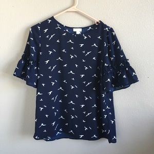Charming Charlie Navy Bird Print Bell Sleeve Top